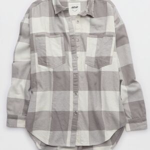 NWT Aerie Anytime Fave Flannel Button Down  Shirt - Gray And White XS